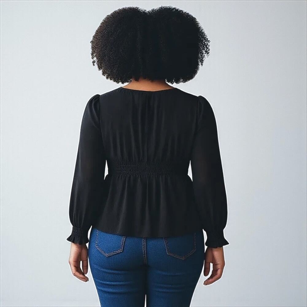 NWT Torrid Smocked Waist Long Sleeve Chiffon Blouse Black - Picture 2 of 8